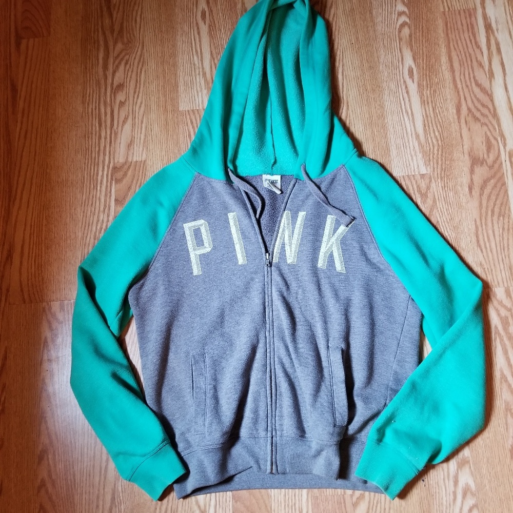Vintage Pink Zip Up Green and Grey Hoodie